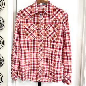 True Religion Mens Western Cowboy Cut Pearl Snap Shirt - Red Plaid, Size S